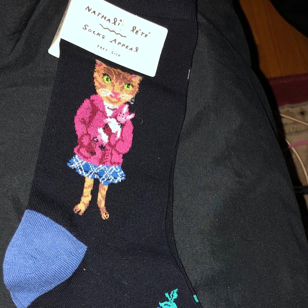Nathalie Lete Crew Socks Cat Lady US 6-10 Twee Whimsical Artsy - Picture 2 of 4